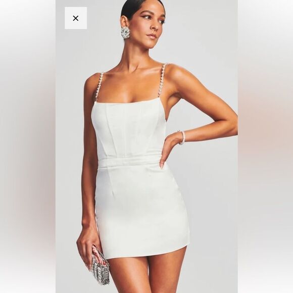 NWT RETROFETE Evalina Dress Whitesatin bridal mini with rhinestone straps. Sz M - Picture 1 of 16